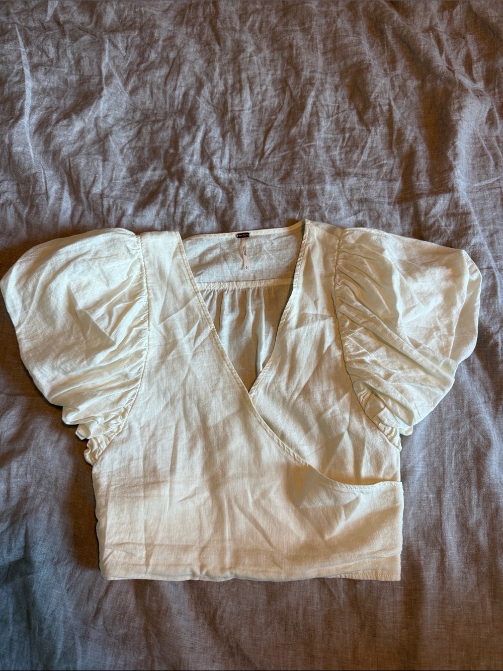 Free People Cream Puff-Sleeve Wrap Crop Top
